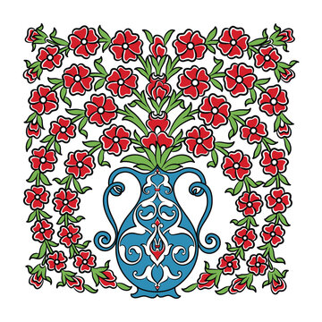 Traditional Turkish Iznik tile pattern with floral and geometric motifs, seamless ornamental background for interior, textile and ceramic design.
