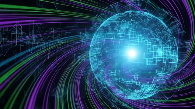 Blue sphere of glowing circuits with purple and green swirling lines