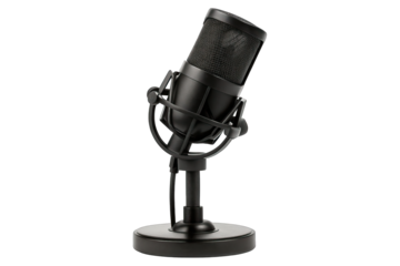 Black podcast microphone on recording desk concept. High-quality microphone on a stand for recording audio.