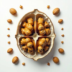 Detailed close-up of a cracked walnut with both shell and kernel visible, isolated on a white background.