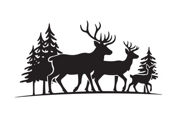 Deer Family Silhouette in a Forest with Pine Trees Design