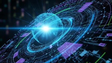 Digital globe with orbiting data streams on a circuit board background - Powered by Adobe