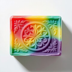 Studio photograph of a handmade soap bar with an embossed logo, isolated on a clean white background.