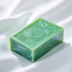Studio photograph of a handmade soap bar with an embossed logo, isolated on a clean white background.