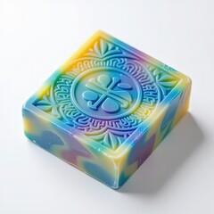 Studio photograph of a handmade soap bar with an embossed logo, isolated on a clean white background.