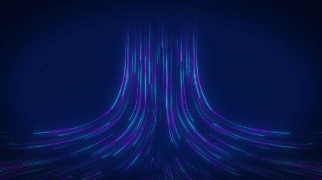 Abstract pink and blue glowing data flow random lines animation rising upward on a dark blue background, symbolizing big data, AI, digital streams, innovation, and technology. Loopable, includes luma 