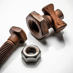 Close-up of a rusty bolt and nut set showing texture and wear, isolated on a white background.