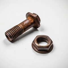 Close-up of a rusty bolt and nut set showing texture and wear, isolated on a white background.