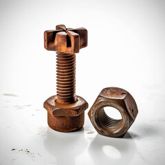 Close-up of a rusty bolt and nut set showing texture and wear, isolated on a white background.