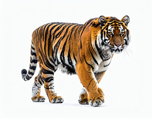Obraz premium A majestic full-body portrait of a powerful tiger walking forward, captured in stunning detail and isolated on a clean white background