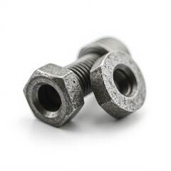 Close-up of a rusty bolt and nut set showing texture and wear, isolated on a white background.