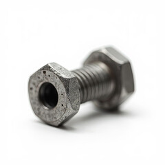 Close-up of a rusty bolt and nut set showing texture and wear, isolated on a white background.