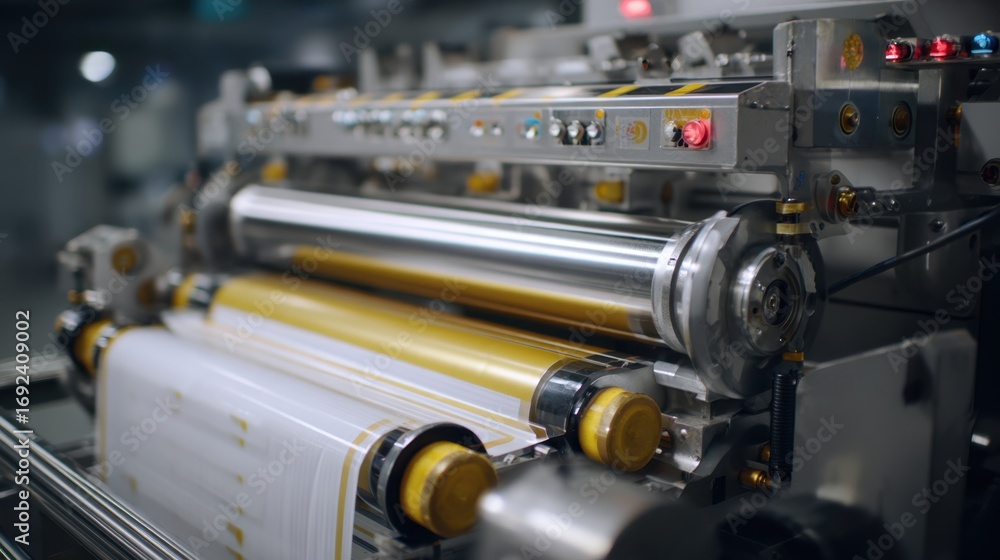 Poster medium shot showing the intricate controls and film release of a semiautomatic wrapping machine in a