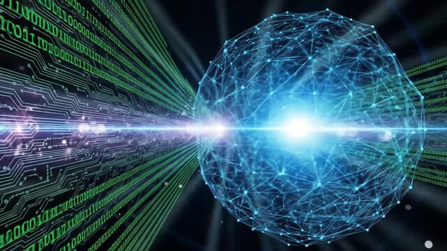 Glowing digital sphere and binary code on circuit boards