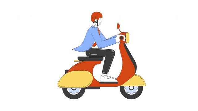 Male commuter riding motor scooter to work doodle cartoon animation. Helmet corporate man driver commuting on retro moped animated 2D character isolated on white background. 4K video motion graphic