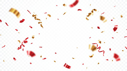 Falling red and gold confetti, isolated on transparent backgrounds