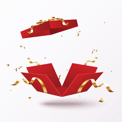 Flying red gift boxes with golden ribbons