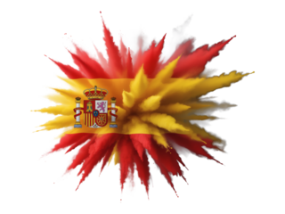 Artistic Explosion of Powder in Spanish Flag Colors with National Emblem at Center on Transparent Background