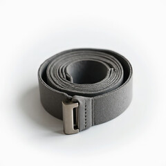 Macro close-up of a rolled yoga strap with metal buckle, isolated on white, showing texture, stitching, and hardware for physiotherapy, fitness, and stretching use.