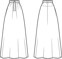 Long Flared Skirt Fashion Flat | Elastic Waist Drawstring Skirt Vector Template | Technical Sketch for Women’s Apparel Design | Front & Back Fashion Drawing