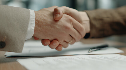 Fototapeta premium Close up of two business people shaking hands over documents and a pen on a desk