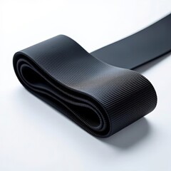 Macro close-up of a rolled and folded resistance band, isolated on a white background, showing texture and elasticity details for therapy and fitness use.
