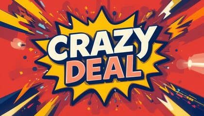 Naklejka premium Crazy deal bold text with abstract starburst and lightning shapes in vibrant colors Generative AI