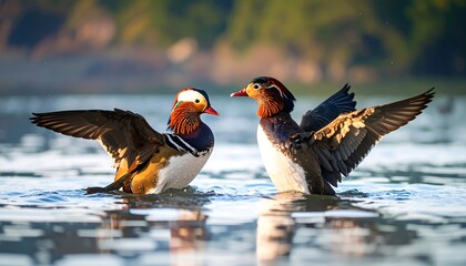 Two mandarin ducks in a lake at sunrise