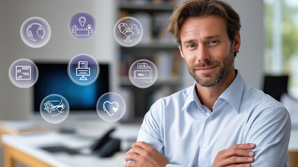 Confident professional man stands in office environment, surrounded by digital icons representing various services and concepts