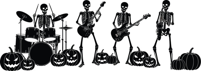 Silhouette illustration of skeleton band playing music with pumpkins, a spooky scene perfect for halloween decorations