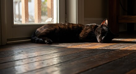 Black cat sleeping on floorboards in pool of sunlight indoors