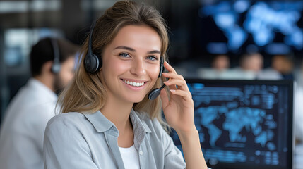 Friendly customer service representative wearing headset smiles while assisting clients in modern office environment