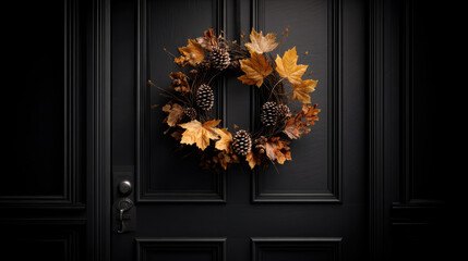 A beautiful autumn wreath with golden leaves and pinecones on a black door.