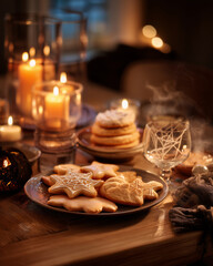 Fototapeta premium Candlelit Halloween-inspired dinner with themed treats and ambiance