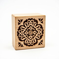 Studio photograph of a handmade soap bar with an embossed logo, isolated on a clean white background.