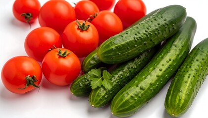 Fresh tomatoes and cucumbers on white background