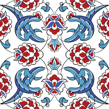 Traditional Turkish Iznik tile pattern with floral and geometric motifs, seamless ornamental background for interior, textile and ceramic design.