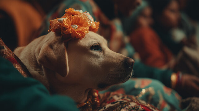 Sacred dog adorned with flowers, tika, and garland honored during Kukur Tihar Festival in Nepal as part of Hindu worship, devotion, and cultural tradition