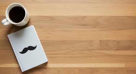 On the wooden table there is a white coffee mug and a notebook with a sticker in the form of a black mustache. The movement "For men's health", copy space