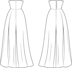 Strapless Evening Gown Flat Sketch, Front and Back View, Fashion Design Template, Long Dress Vector, Technical Apparel Drawing