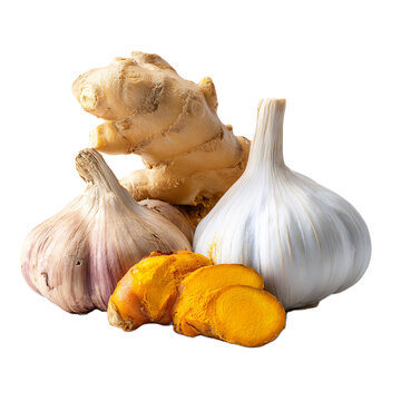 Fresh ginger root turmeric garlic bulbs styled together for natural spice mockup on white background healthy cooking ingredient design