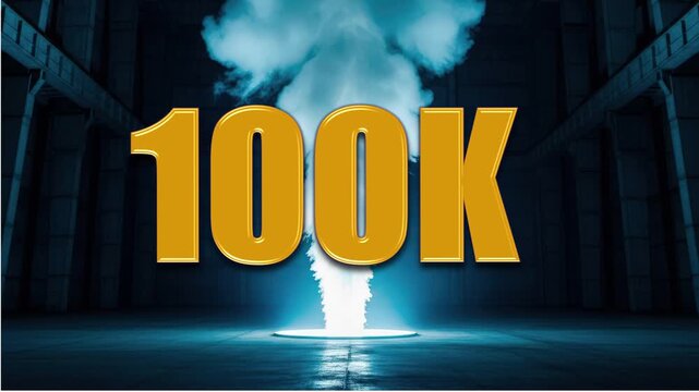 Celebrating 100k followers achievement with bold orange text and dramatic background for social media milestones
