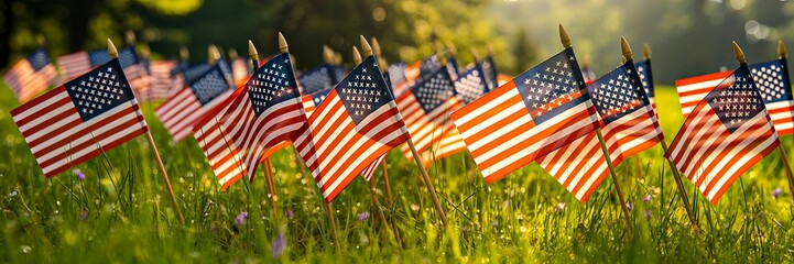  Multiple american flags displayed on green grass in sunlight

