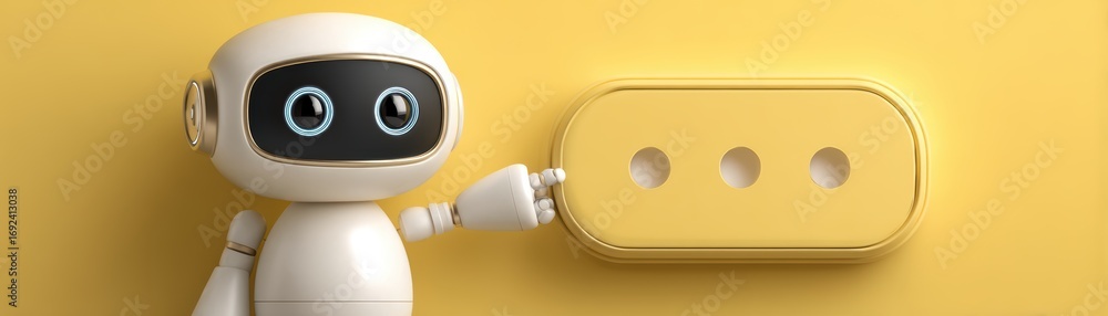 Poster a friendly robot is interacting with a yellow button featuring three dots, set against a vibrant yel