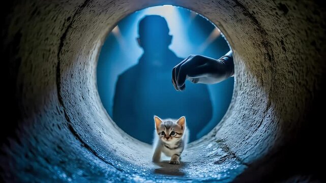 A rescuer's silhouette appears at the end of a dark pipe, offering a comforting hand and a thumbs up to a lost kitten