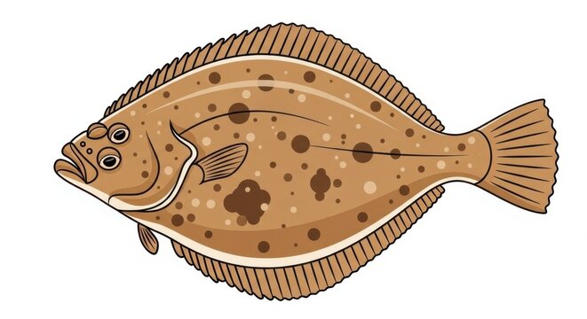Cartoon Illustration of a Flatfish with Brown Spots on White