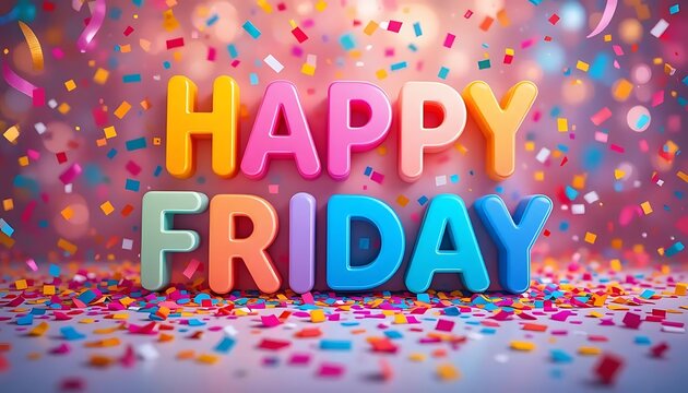 Colorful happy friday text with confetti background creating a festive and cheerful mood