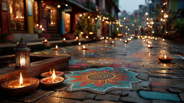 Beautiful Tihar Festival street decorated with glowing diyas, colorful rangoli art, and festive lanterns illuminating the cultural night celebration in Nepal