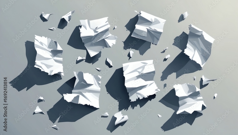 Aufkleber crumpled paper sheets floating in the air, creating a dynamic and abstract composition