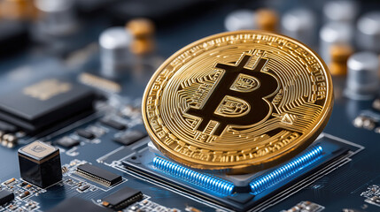 Detailed representation of digital cryptocurrency coin circuit board, showcasing technology and finance. image evokes sense of innovation